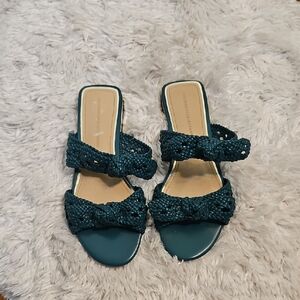 White House Black Market Woven Teal Blue Heeled Sandals Slides